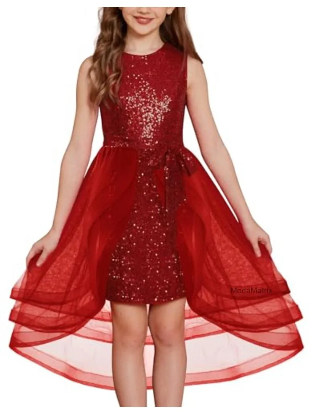 Girls Sequin Party Dress Sparkle Formal Birthday Tulle Midi Dress Sleeveless